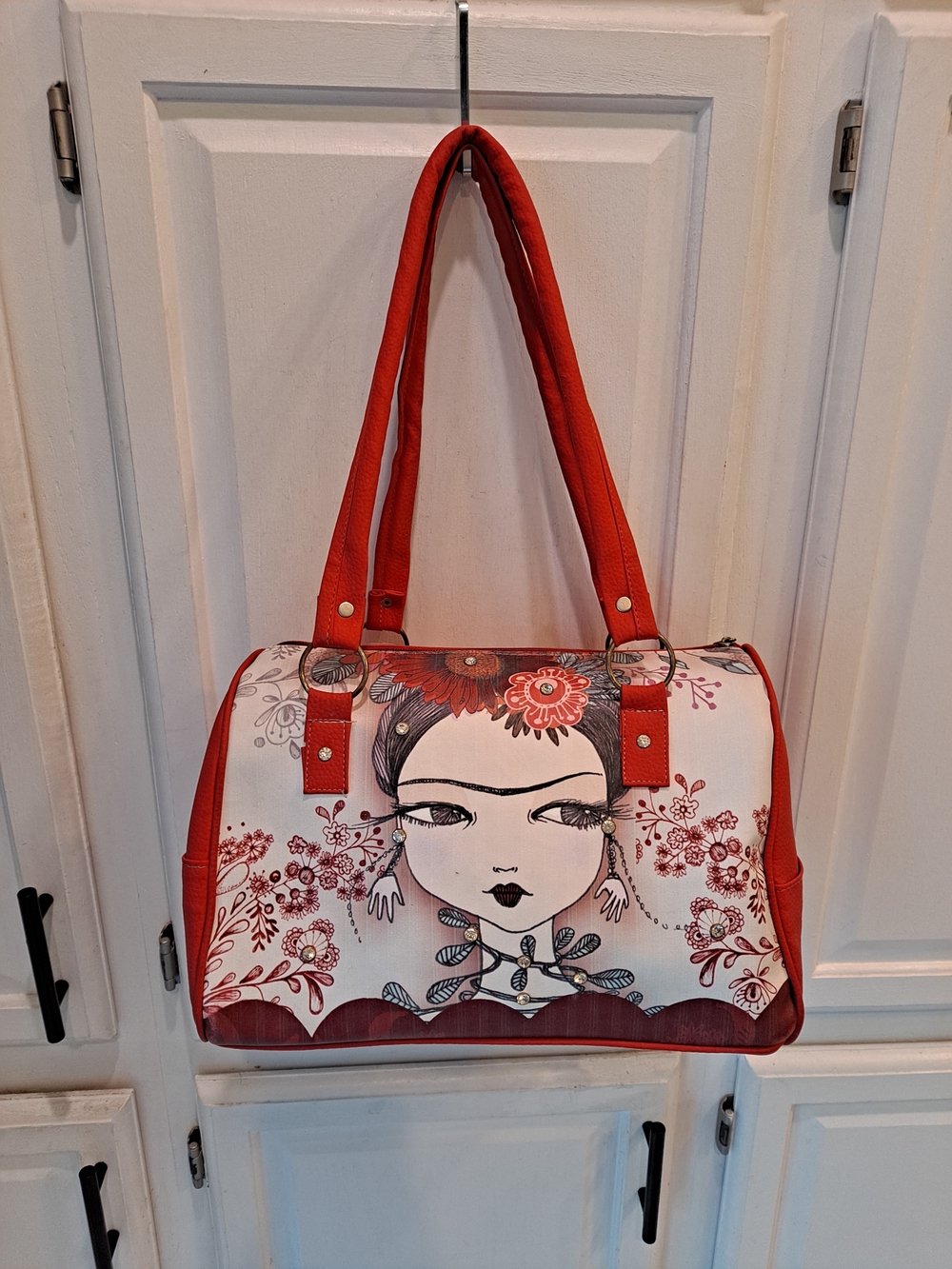 MEXICANA Red Floral Frida Kahlo Face-Illustration Shoulder Duffel Satchel Bag